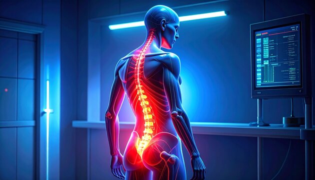 A digital medical illustration of a human figure highlighting skeletal and nervous systems, glowing red lower back indicating pain, inflammation, discomfort, sciatica, spinal issues, anatomy, awarenes