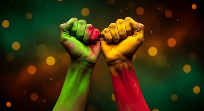 Two raised fists painted in panafrican colors against a bokeh background