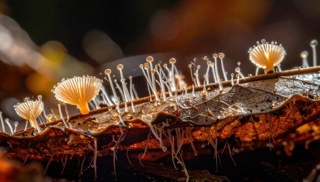 Close-up of filamentous fungi hyphae and delicate mushroom structures growing on decaying wood in a forest setting