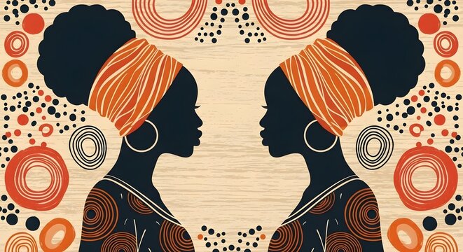 Two women silhouettes with afro hairstyles and headwraps in tribal pattern