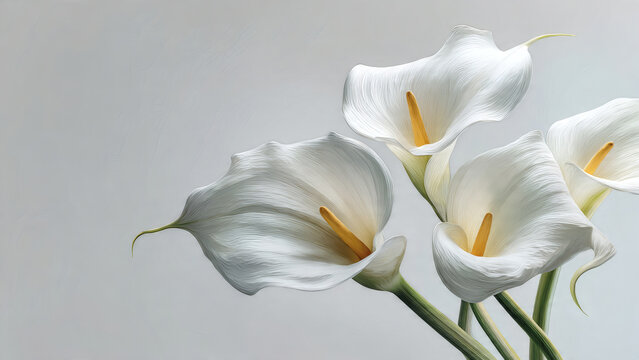 A beautiful macro close-up of a blooming white calla lily reveals the delicate texture of its petals and yellow flora center in a serene spring garden