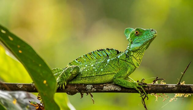 Emerald basilisk lizard perched on a branch against a soft, leafy green backdrop. Vibrant & sharp focus