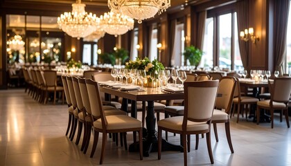 Obraz premium Elegant dining space with long tables set for guests. Soft lighting from chandeliers, and large windows illuminate the room