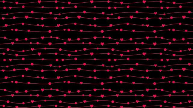 Seamless looping background with red hearts and wave lines on black