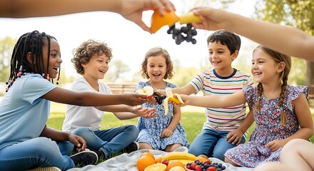Fototapeta premium Happy diverse children sharing fruit during an outdoor picnic in a park.