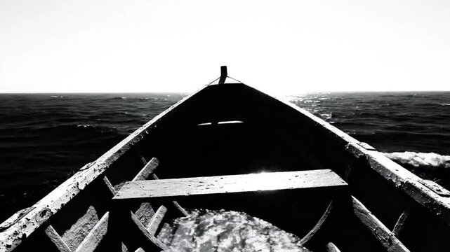 Black and White Perspective From a Small Wooden Boat Sailing on Open Ocean Under Bright Sunlight