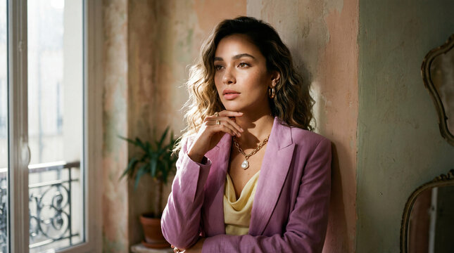 Elegant woman in pastel pink blazer with wavy hair stands by textured wall, softbox lighting highlights her thoughtful expression, indoor setting with natural light and potted plant