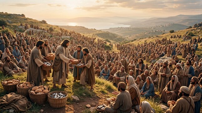 An expansive outdoor gathering on a sunlit hillside landscape, with a central figure distributing bread and fish to a vast crowd, symbolizing community and provision