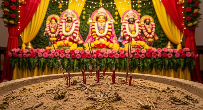 Candle sticks burning in front of idols of Lord Jagannath, Balaram and Suvodra. Indian Rath jatra festival. Howrah, West Bengal, India.