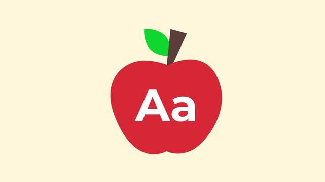A small red apple sits centered on a warm beige background with a bold red circle featuring the letters Aa printed clearly in white sans-serif font