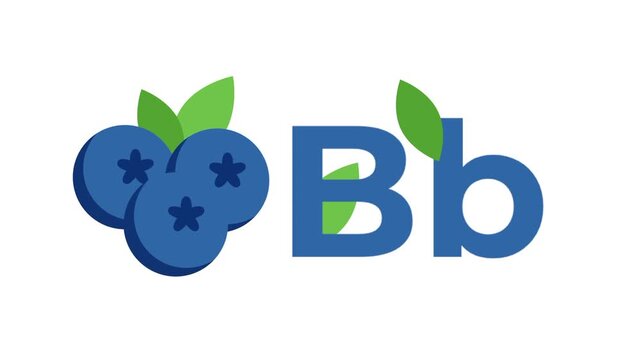 Three blue blueberries with green leaves are shown next to a large blue Bb text on a clean white background with a thin dark border at the bottom