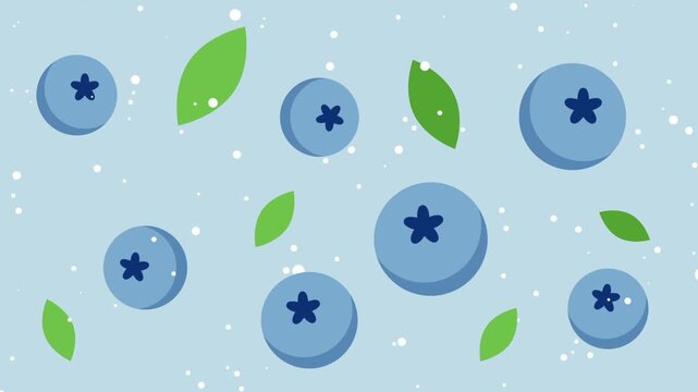 A seamless pattern of various sized blue blueberries and small green leaves is scattered across a light blue background for a decorative fruit theme