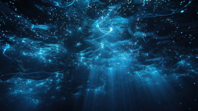 Dark underwater scene with light rays and floating particles captured in the ocean depths