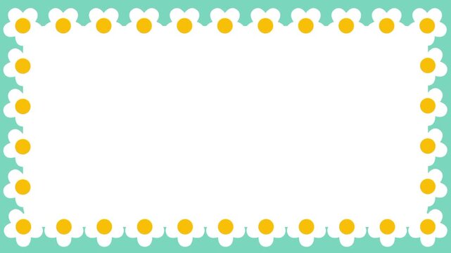 A white rectangular frame is surrounded by a border of small white flowers with yellow centers on a light teal background with a dark bottom border