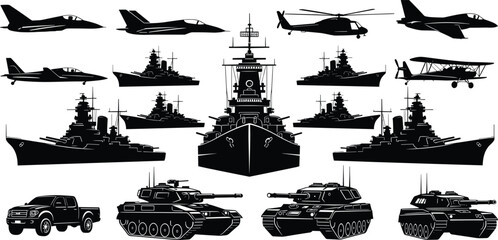 Obraz premium Military vehicle vector silhouettes set featuring navy battleships armored tanks jet fighters helicopters and pickup truck for army war and combat design