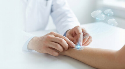 Fototapeta premium Wearable healthcare tech with ai sensor on arm monitors health data and connects to cloud for advanced ai health management system