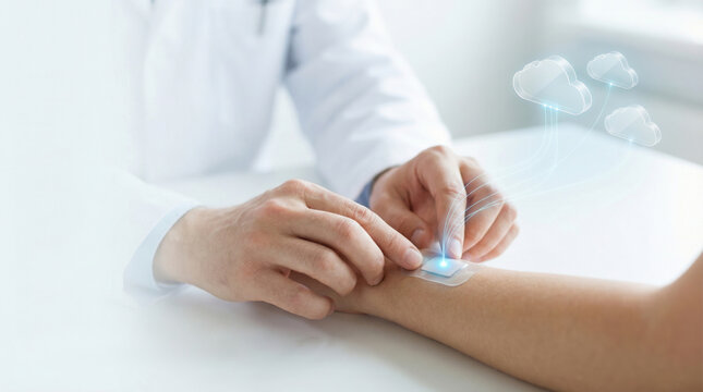 Wearable healthcare tech with ai sensor on arm monitors health data and connects to cloud for advanced ai health management system