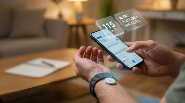 AI health wearable tech monitors glucose level in real time providing healthcare tips for better health management and lifestyle improvement