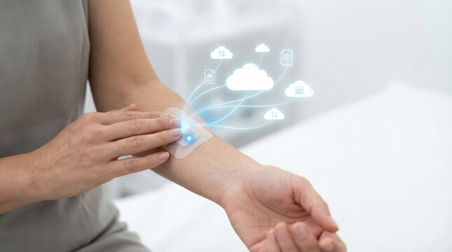 Wearable healthcare tech with ai sensor on arm monitors health data and connects to cloud for smart health management and ai analysis