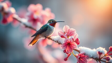 Fototapeta premium Hummingbird feeding on pink cherry blossoms in soft golden sunlight