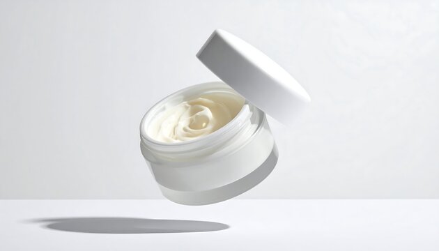 A white jar of cream with its lid off