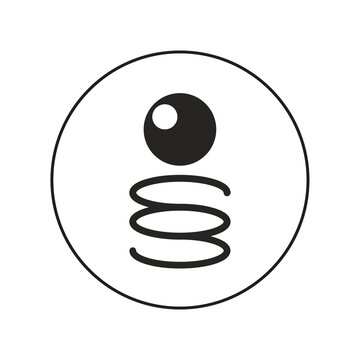 Simple black and white graphic illustration of a bouncing ball on a spring inside a circle