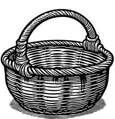 Fototapeta premium Empty traditional woven basket with sturdy handle, depicted in a classic black and white line art illustration style, evoking a rustic, handcrafted feel