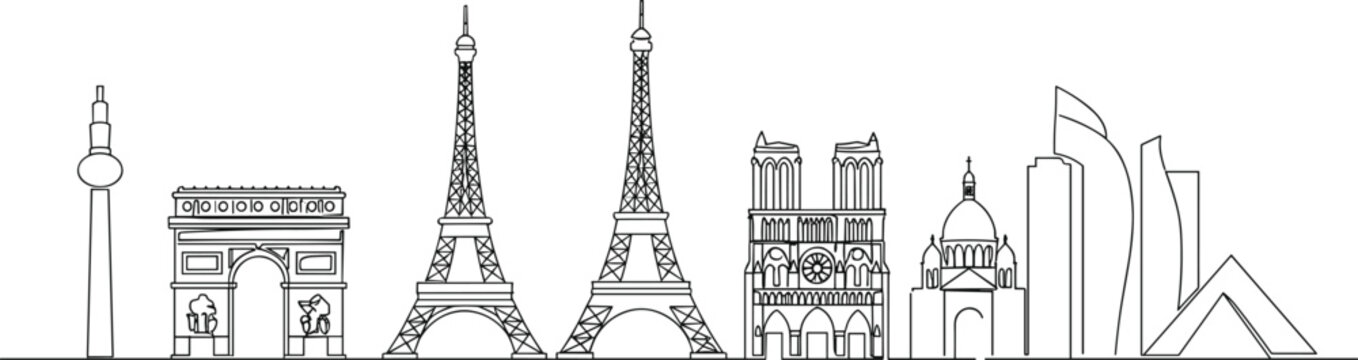 Famous Paris landmarks line art, Eiffel Tower sketch, Arc de Triomphe illustration, Notre Dame outline, modern city skyline, minimalist architecture, French cultural icon vector