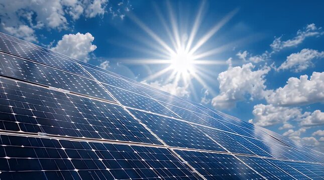 A photograph showcasing a solar panel array with a bright sunburst overhead and scattered clouds against a blue sky