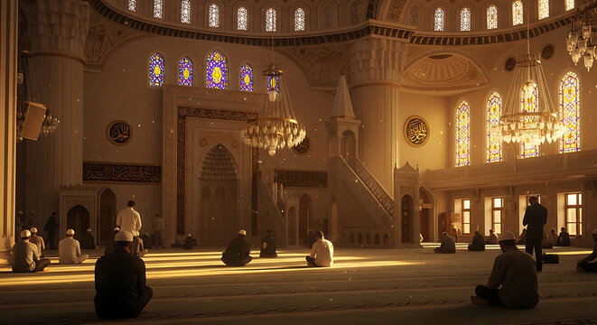 Muslims praying inside a grand mosque with sunlight streaming through windows.