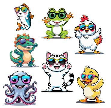 Vector illustration set of cute animal mascots, isolated on white