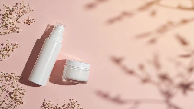 Skincare bottle and cream jar with spf protection on pink background. Beauty cosmetic product for sun care and dermatology health concept with natural flower shadow.