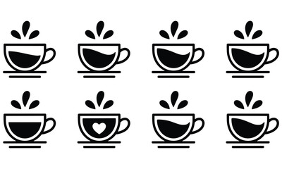 Fototapeta premium Set of eight black and white vector coffee cup icons with steam