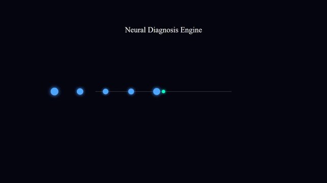 Futuristic interface showcasing AI diagnostic algorithms at work, illustrating complex data processing and neural network activity with glowing digital dots on a dark background.