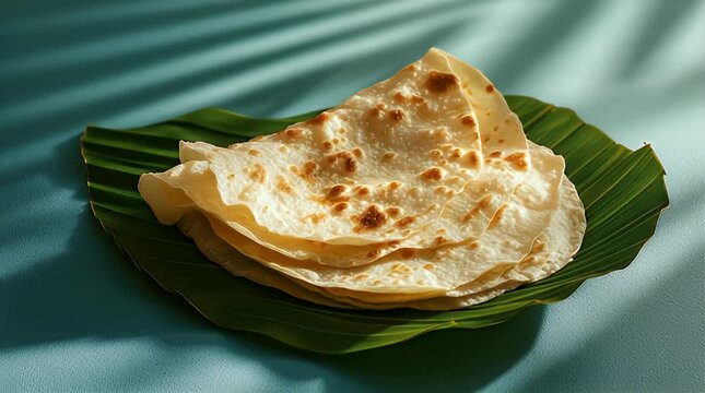 A stack of flatbread is presented on a vibrant green leaf, against a light blue backdrop, with a shadow of palm leaves