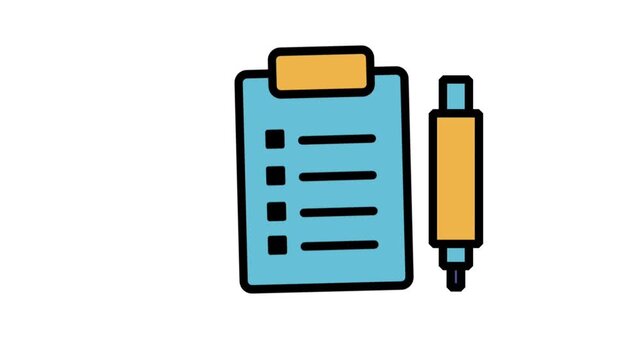 Animated medical clipboard and pen icon for patient records, clinical documentation, and healthcare administration management.