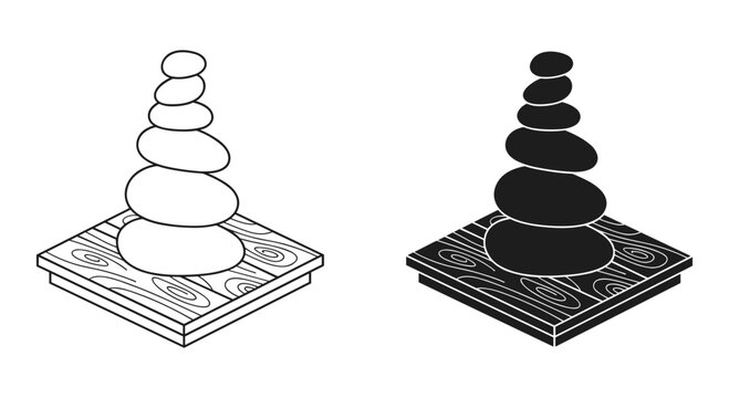 Zen stone balance vector icons, stacked pebbles on wooden platform, minimalist black and white spa rocks for meditation and wellness branding