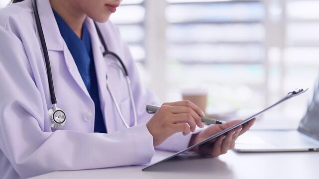 Asian adult doctor medical professional reviewing patient records health chart data documentation writing notes in clinic office healthcare setting consultation desk