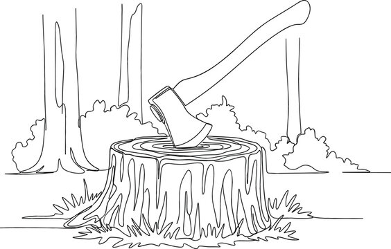 Black and White Line Drawing of an Axe Embedded in a Tree Stump in a Forest with Trees and Grass in the Background