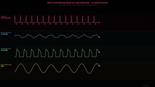 Advanced real-time critical care monitoring with AI Diagnostic Algorithms displaying patient vital signs and physiological waveforms on a futuristic digital interface.