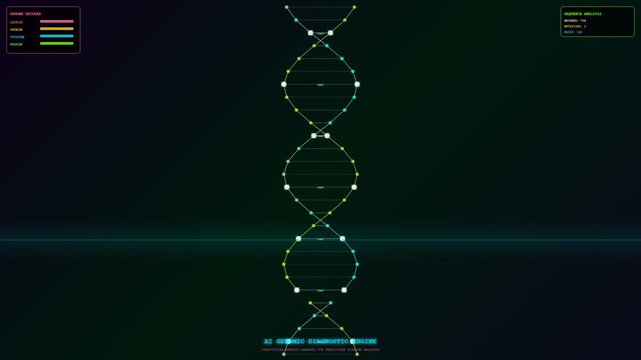 Dynamic animation shows AI Diagnostic Algorithms precisely analyzing intricate DNA structures and genetic sequences for advanced scientific research.