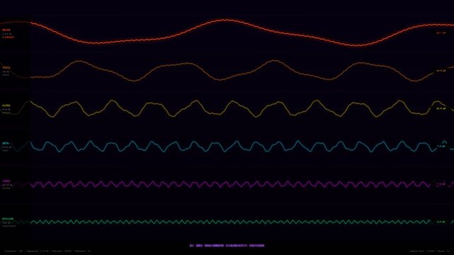 Analyzing brain activity, AI Diagnostic Algorithms process complex EEG data, displaying real-time neural patterns for medical research and advanced clinical diagnostics.