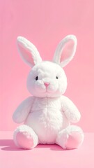 Obraz premium A white stuffed rabbit sits on a pink surface against a pink background (1)