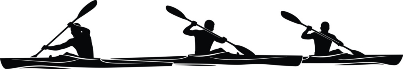 Black and white vector silhouette set of three kayakers paddling on water showing athletes in motion during a competitive rowing race or outdoor recreation. © MstLata