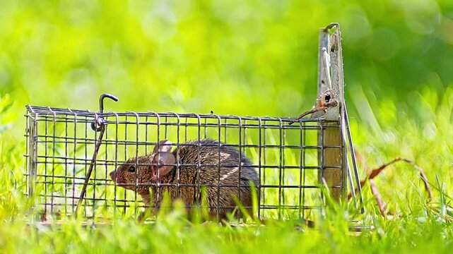 House Mouse Trapped in Mousetrap Struggling to Escape in Sunny Garden Grass