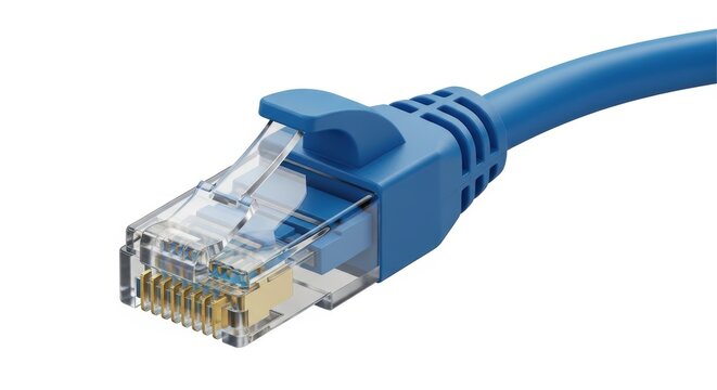 Blue ethernet network cable with RJ45 connector, high speed internet cat6 patch cord, telecommunications data transfer wire on white background