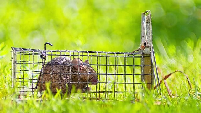 House Mouse Trapped in Mousetrap Struggling to Escape in Sunny Garden Grass