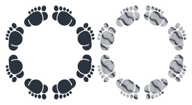 Symbolic footprints arranged in two circular patterns, representing journeys or steps.