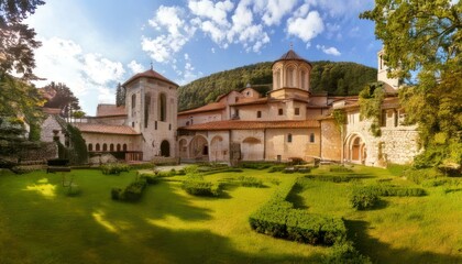 Fototapeta premium Horezu Monastery - A serene view of Romanian Orthodox architecture and landscape.