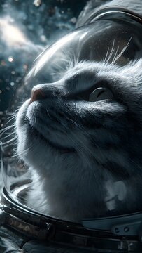 Close-up portrait of a gray cat wearing a space helmet against a starry background with a cinematic lighting effect.